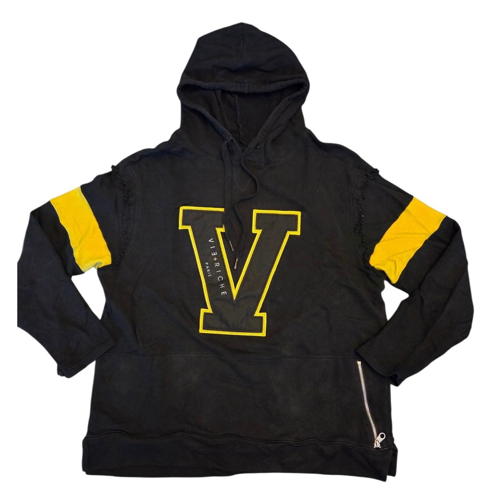 Vie Riche Paris Mens Black Yellow V Patch Distressed Side Zip Hoodie XXL